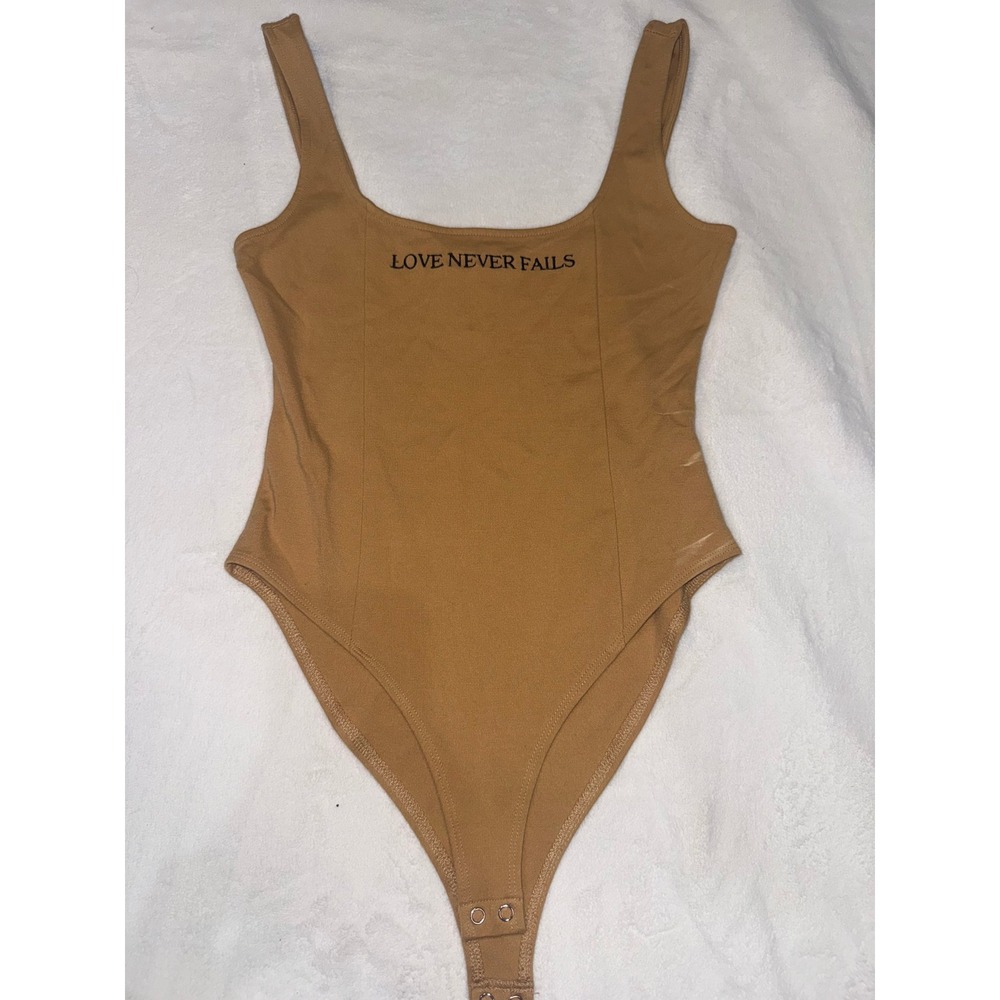 Love Never Fails Embroidered Square Neck Bodysuit Tan Camel Sleeveless Tank
